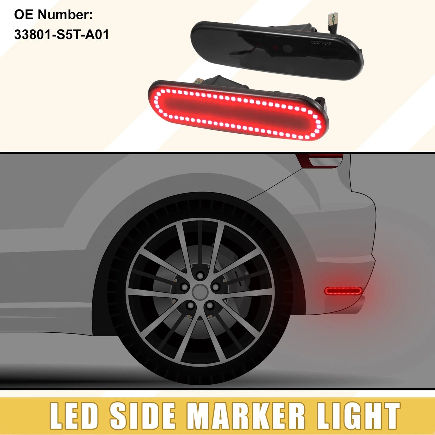 Rear LED Side Marker Light for Honda Civic (2016-2021) - 2 x Red Black Covers