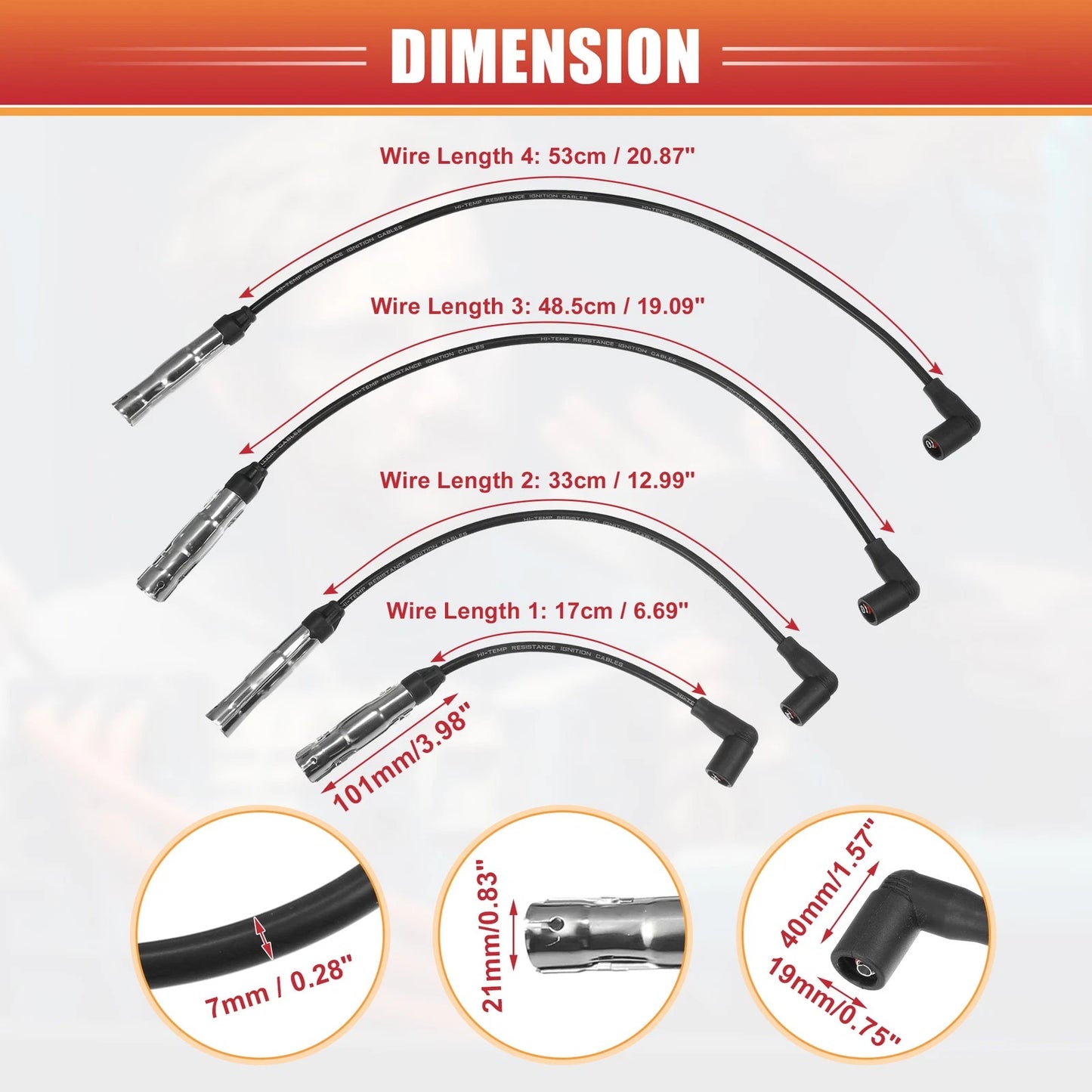 Set of 4 Spark Plug Wire Ignition Coil Cables No. 06A905430H for Volkswagen Beetle