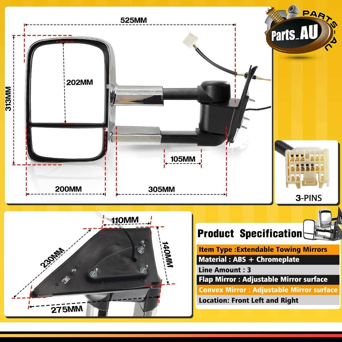 1 Pair Chrome Extendable Towing Mirrors for Toyota Landcruiser 200 No Indicator