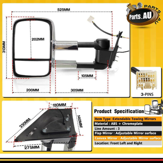 1 Pair Chrome Extendable Towing Mirrors for Toyota Landcruiser 200 No Indicator