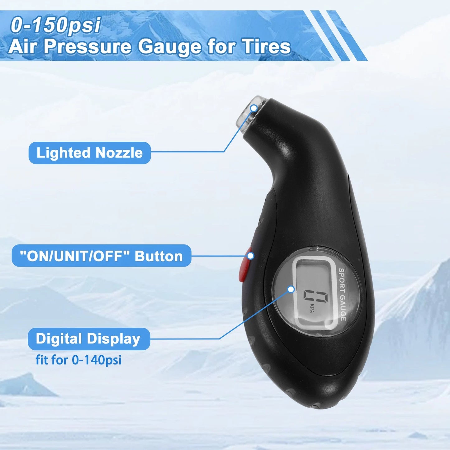 Tire Pressure Gauge 0-140psi with LED Lights for Tires