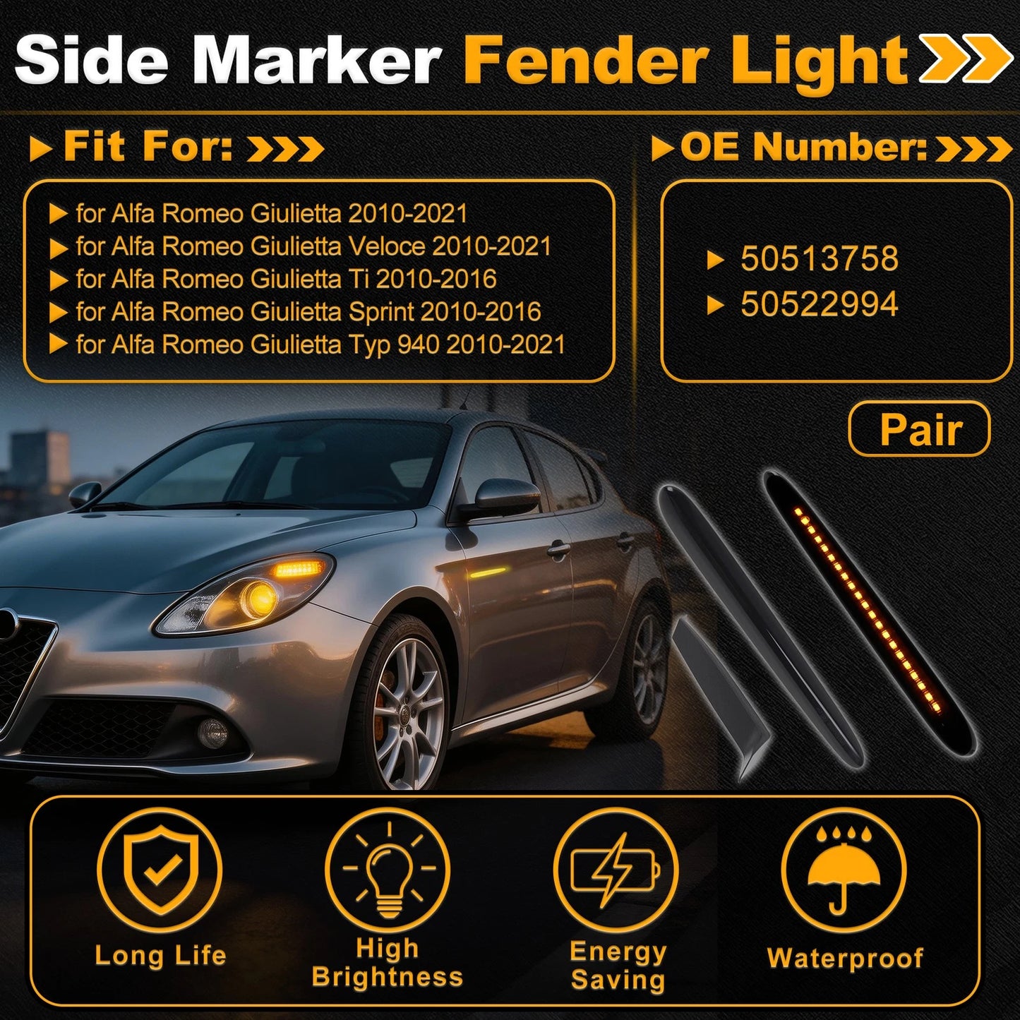 Side Marker Fender Light 50513758 for Alfa Romeo Giulietta (2010–2021) Smoked Lens