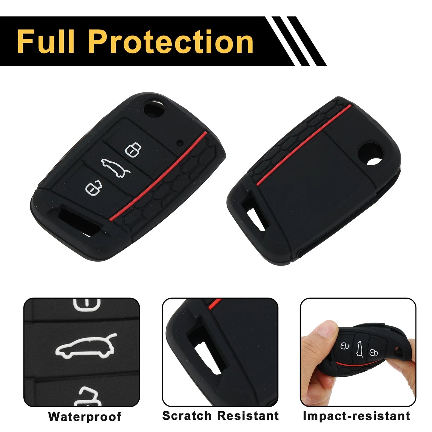 Silicone Car Key Case for VW Golf 7 (2013–2020) - Black Red, 3 Buttons