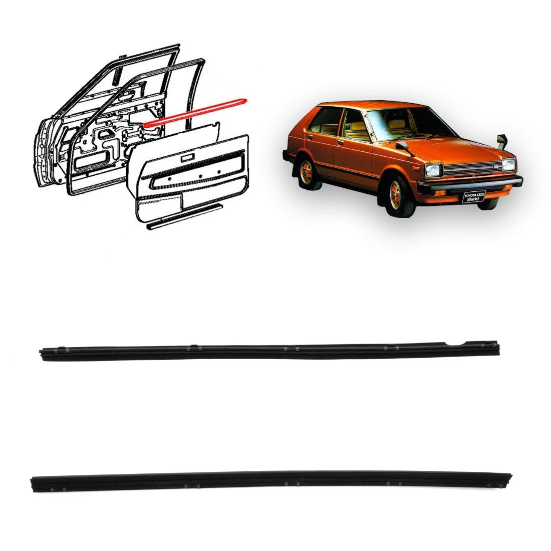 Set of 2 Front Door Glass Weatherstrip for Toyota Starlet Wagon (1980–1984)