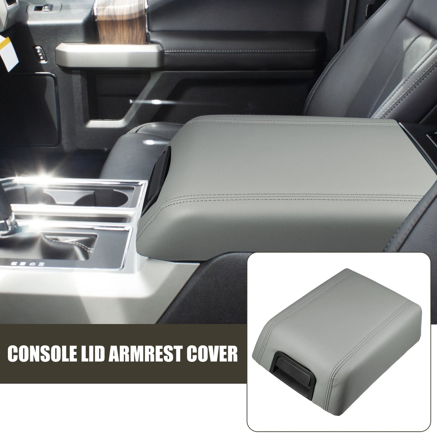Center Console Lid Armrest Cover for Ford F-150 (2015–2023) Gray Faux Leather