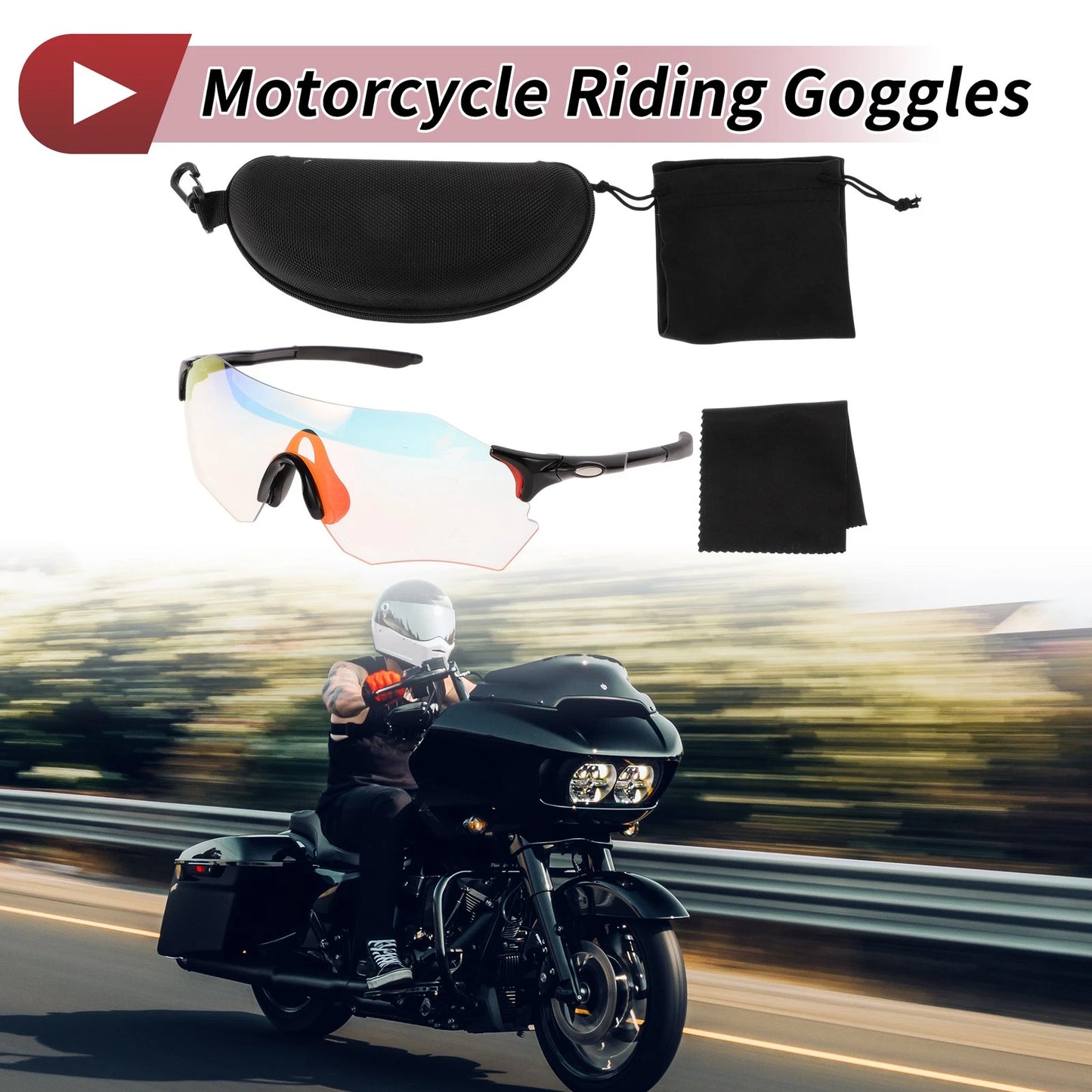 Motorcycle Riding Goggles for Various Models (Light Red Lens, Black Frame)