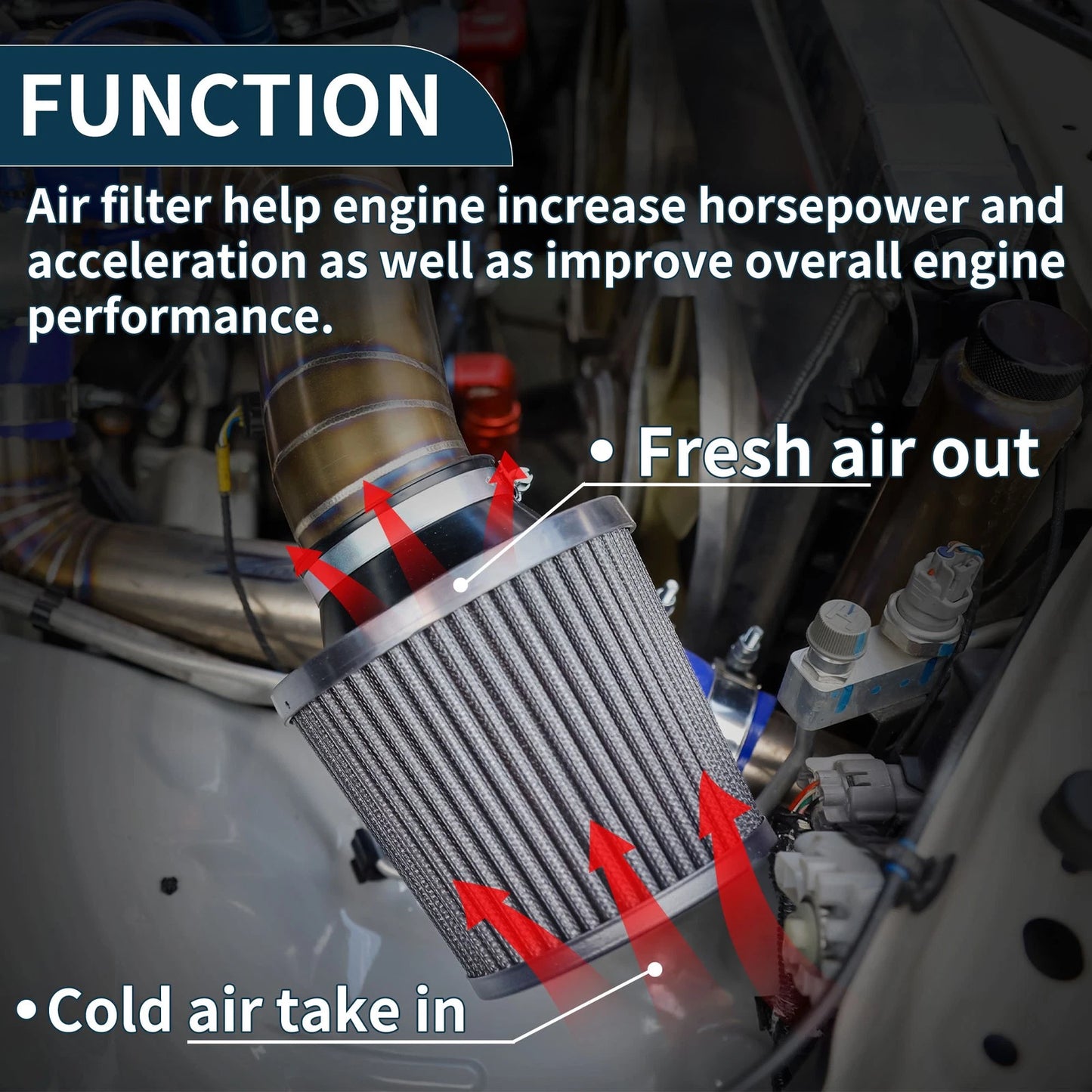 High Flow Engine Air Filter for Universal Fit (76/89/101mm) Black