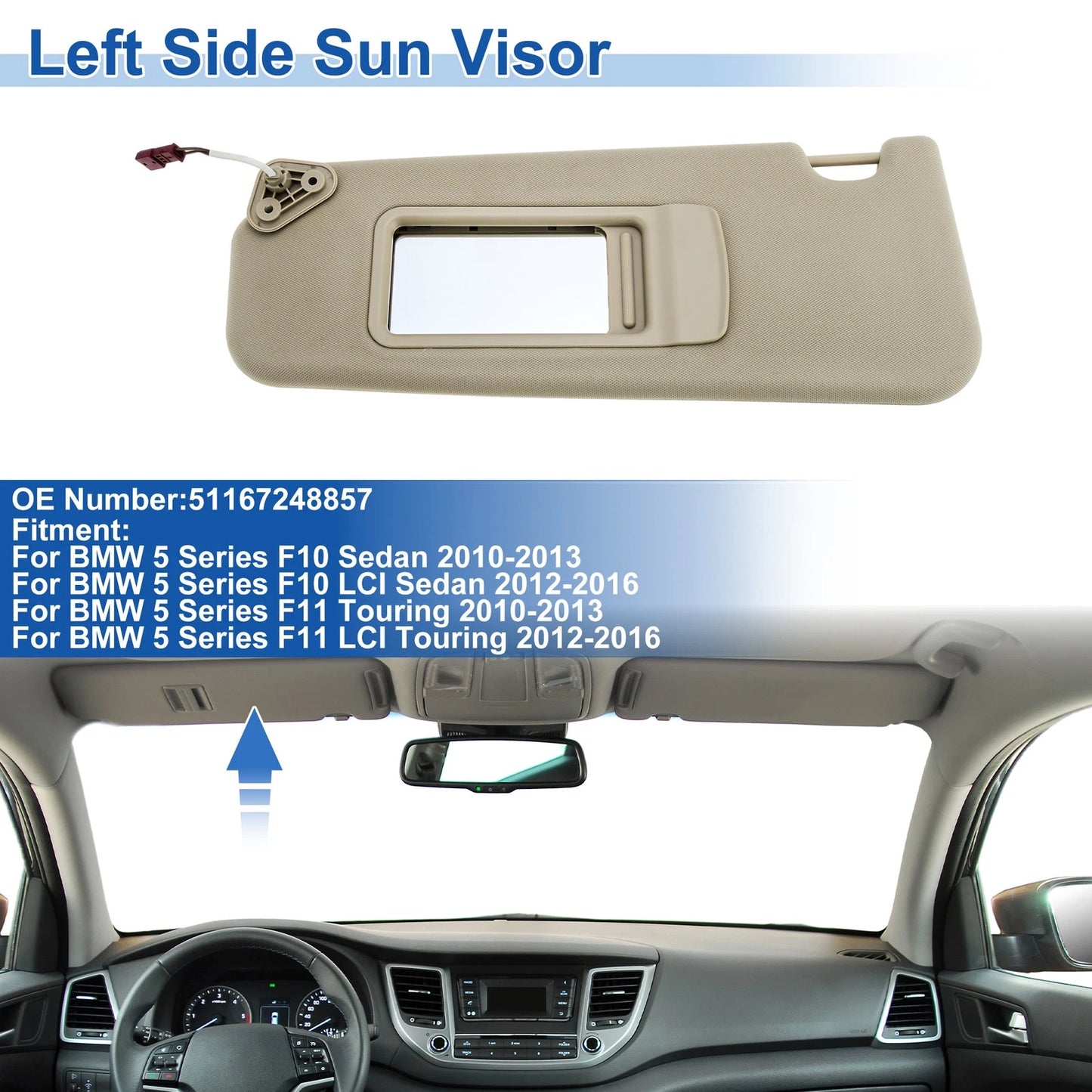 Left Side Sun Visor for BMW 5 Series F10 (2011–2017) No. 51167248857 Beige