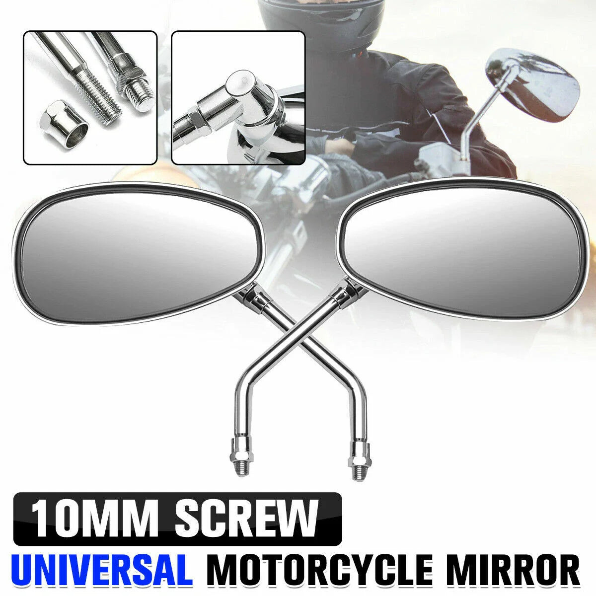 Chrome Motorcycle Oval Rearview Side Mirrors 10mm for Cruiser Chopper