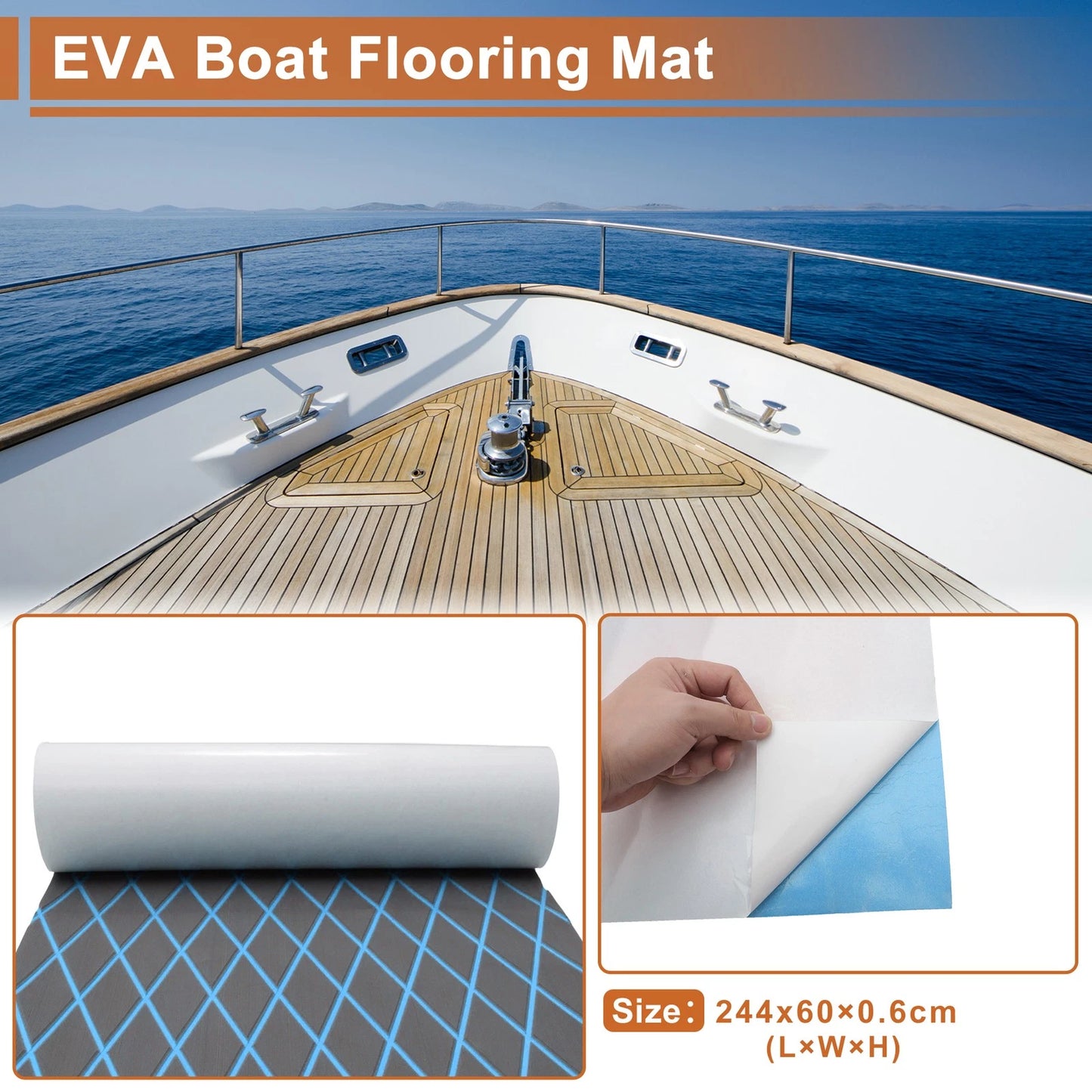 Self-Adhesive Boat Flooring Strip 96"L x 24"W Dark Gray with Blue Line