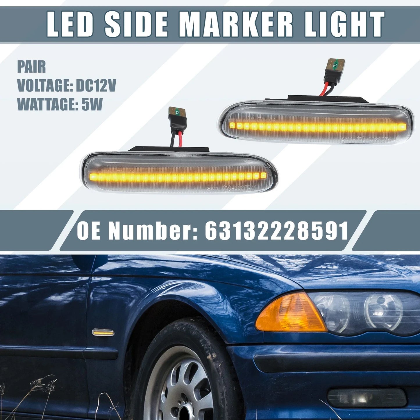 Pair LED Side Marker Amber Light for BMW 325i 330i E46 Clear Lens