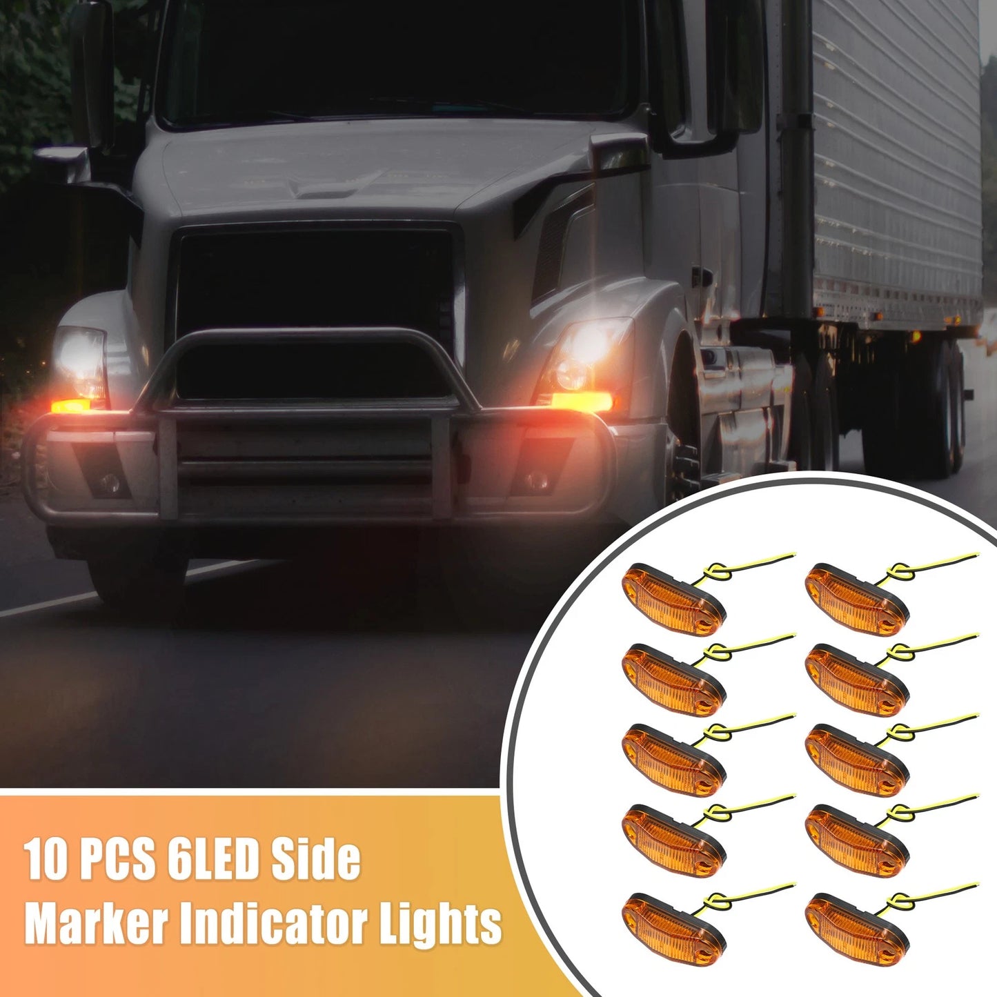 10pcs 6 LED Side Marker Lights for Trailer (12V-24V) Amber Oval