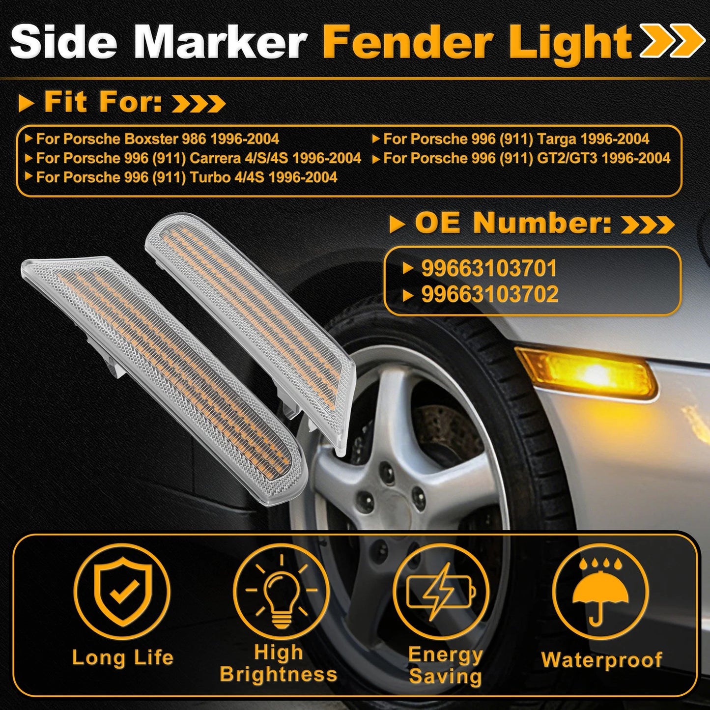 Dynamic LED Amber Side Marker Light 99663103701 for Porsche Boxster (1997–2004)