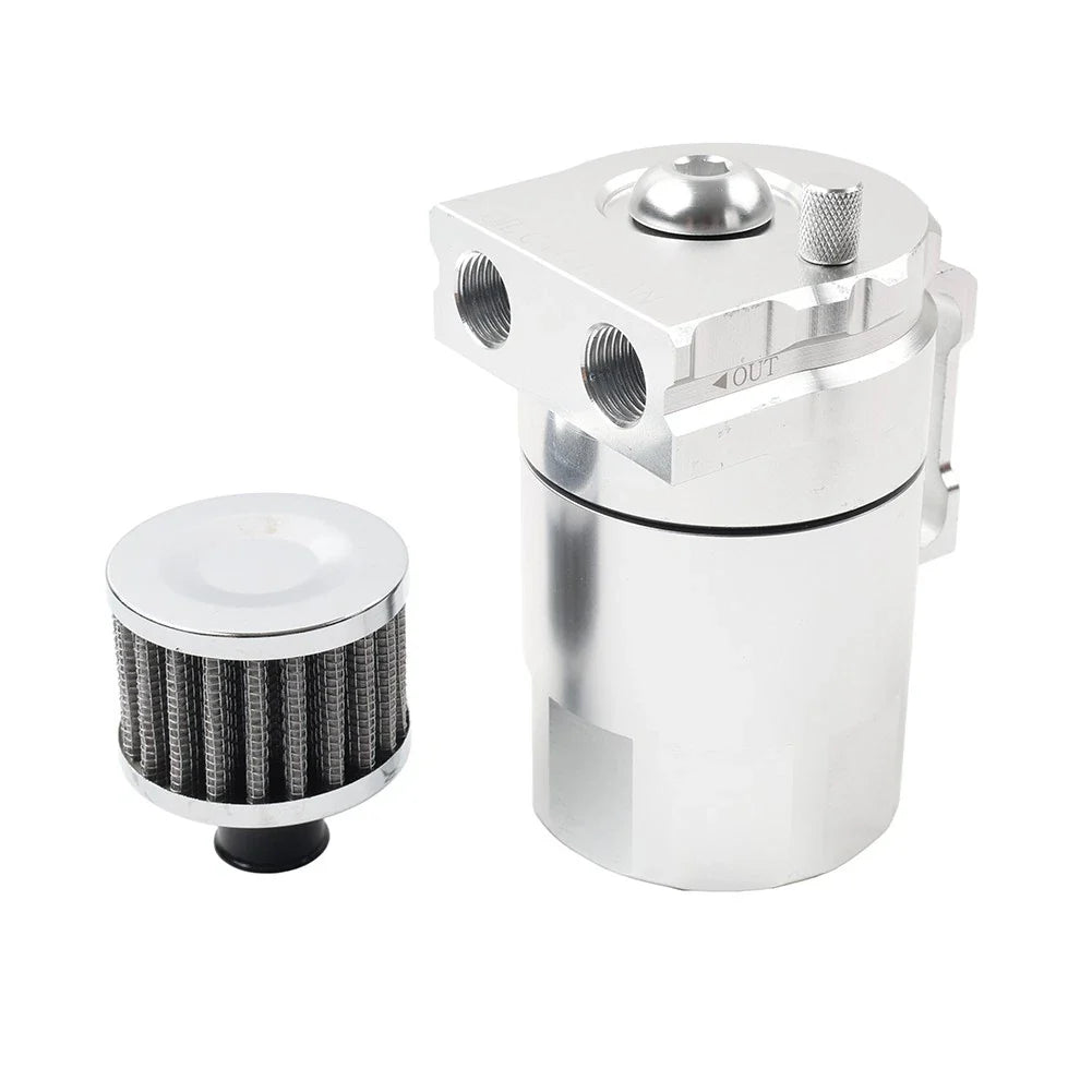 300ml Silver Baffled Engine Oil Catch Can Tank w/ Breather Filter for Universal