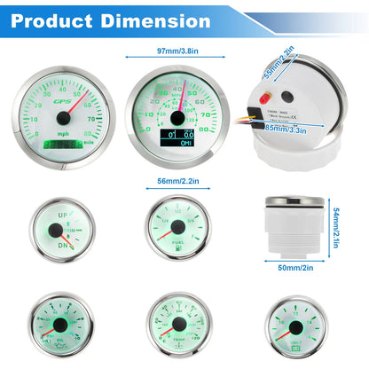 7 Gauge Set for Marine Boat (GPS Speedometer, Tacho, Fuel, Temp, Oil, Volt, Trim)