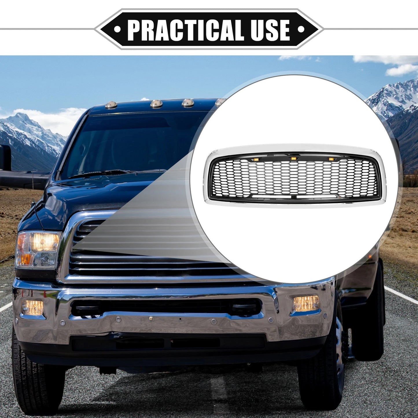 Front Grille Assembly with LED Lights for Dodge (Chrome, Silver Tone, Gloss Black)