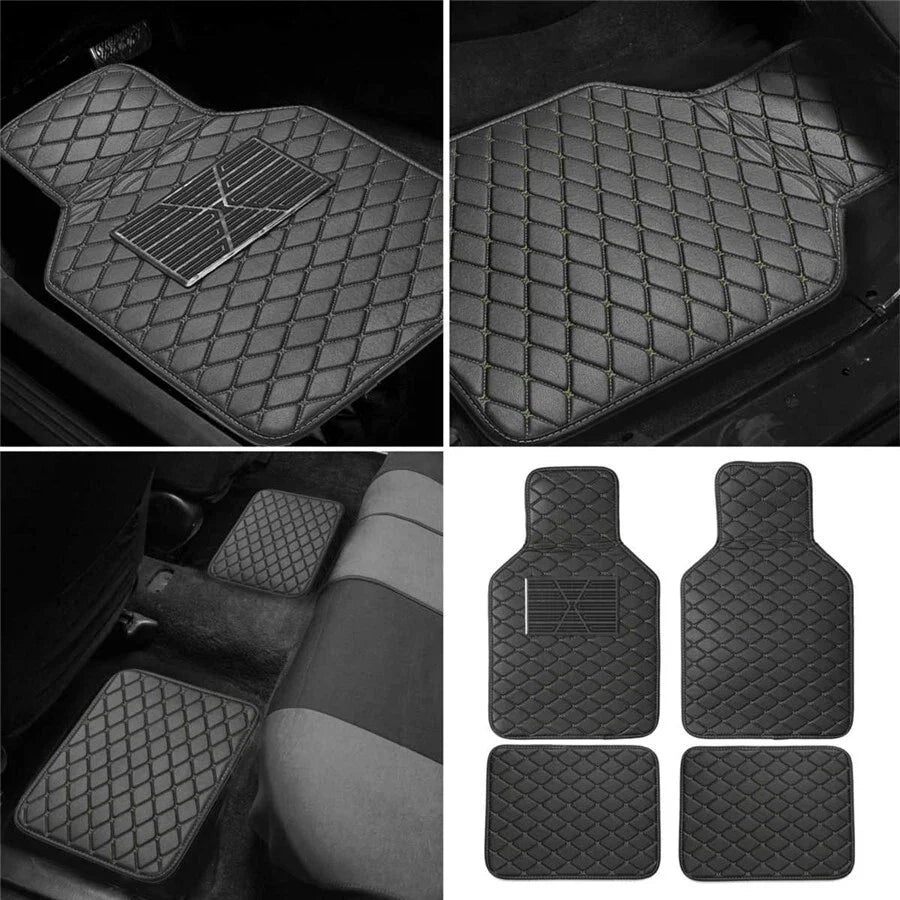 4 x Car Floor Mats Waterproof PU Leather Black & Beige