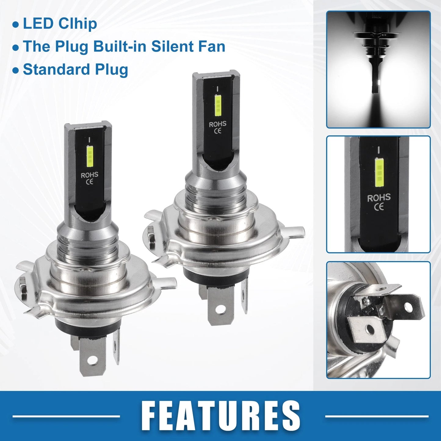 Set of 2 H4 LED Fog Light Bulbs for Auto Car (CSP Chips, White)