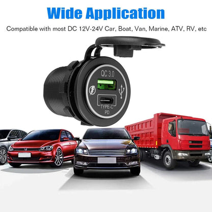 Charger Outlet / 12V 24V / Dual Port LED Type C USB QC3.0 PD for Car ATV RV
