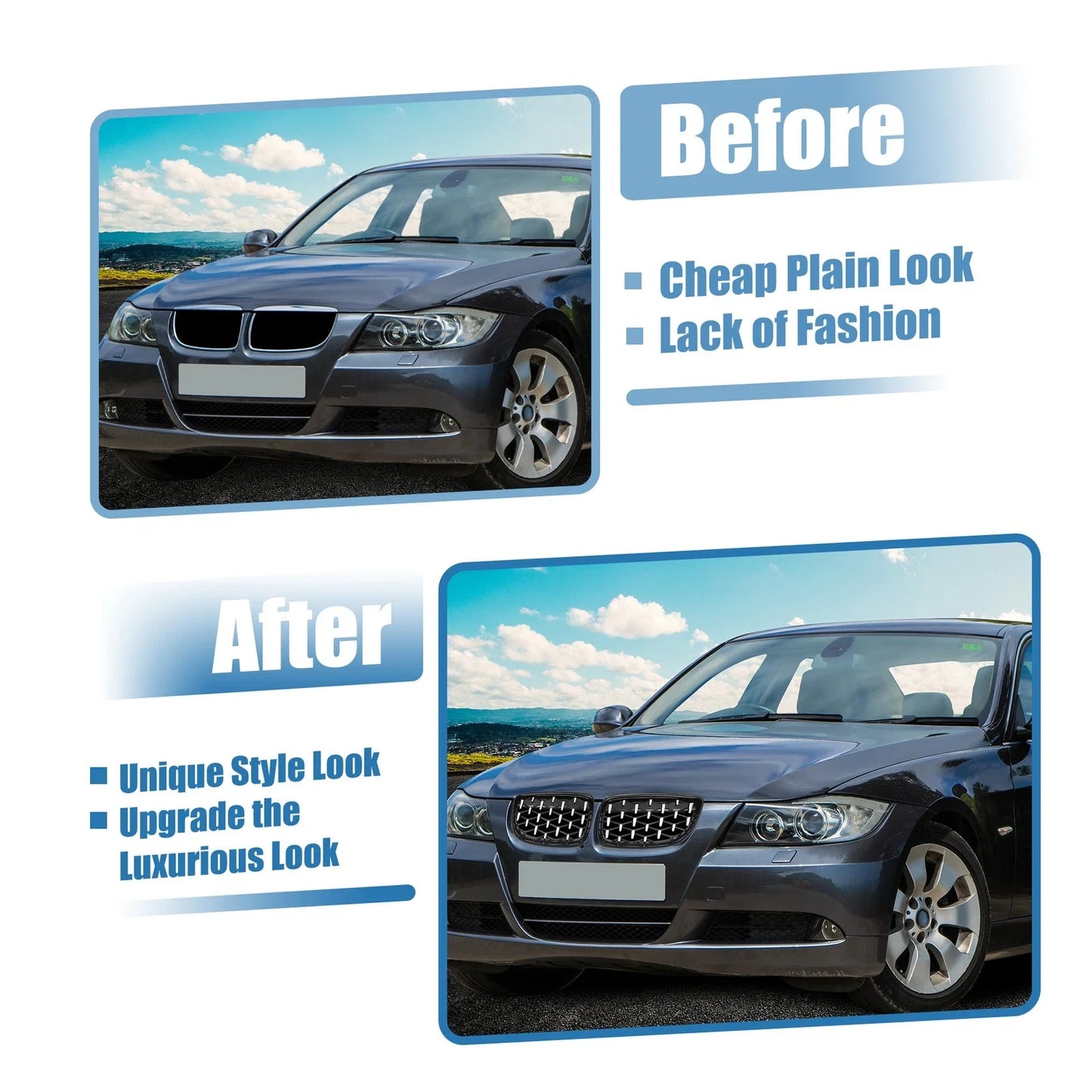 Front Hood Bumper Grille for BMW 335d 328i 335i xDrive Silver Tone Pair