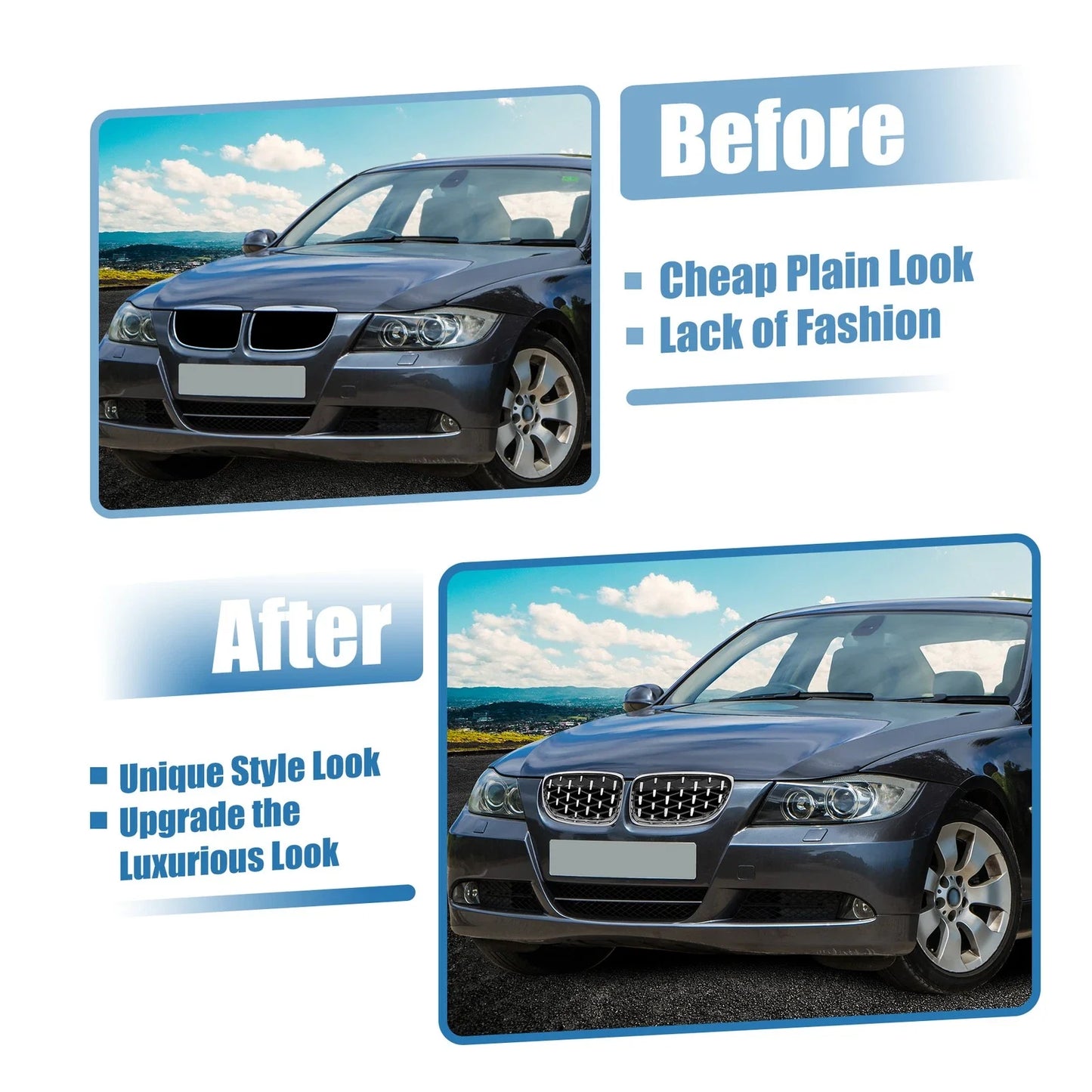 Front Hood Bumper Grille for BMW 335d 328i 335i E90 Silver Tone Pair