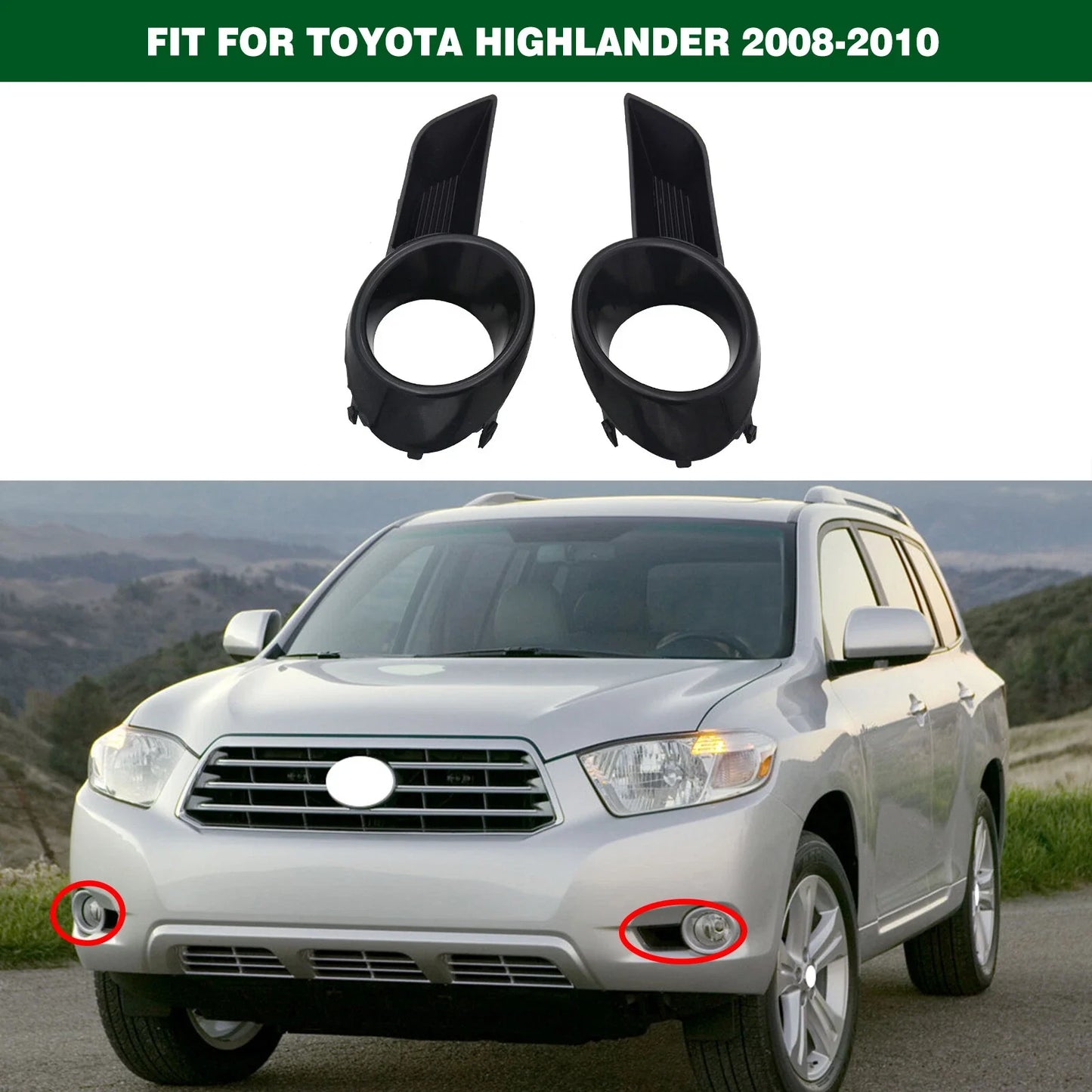 2 x Pair Front Fog Lights Covers Bezels Black for Toyota Highlander (2008–2010)
