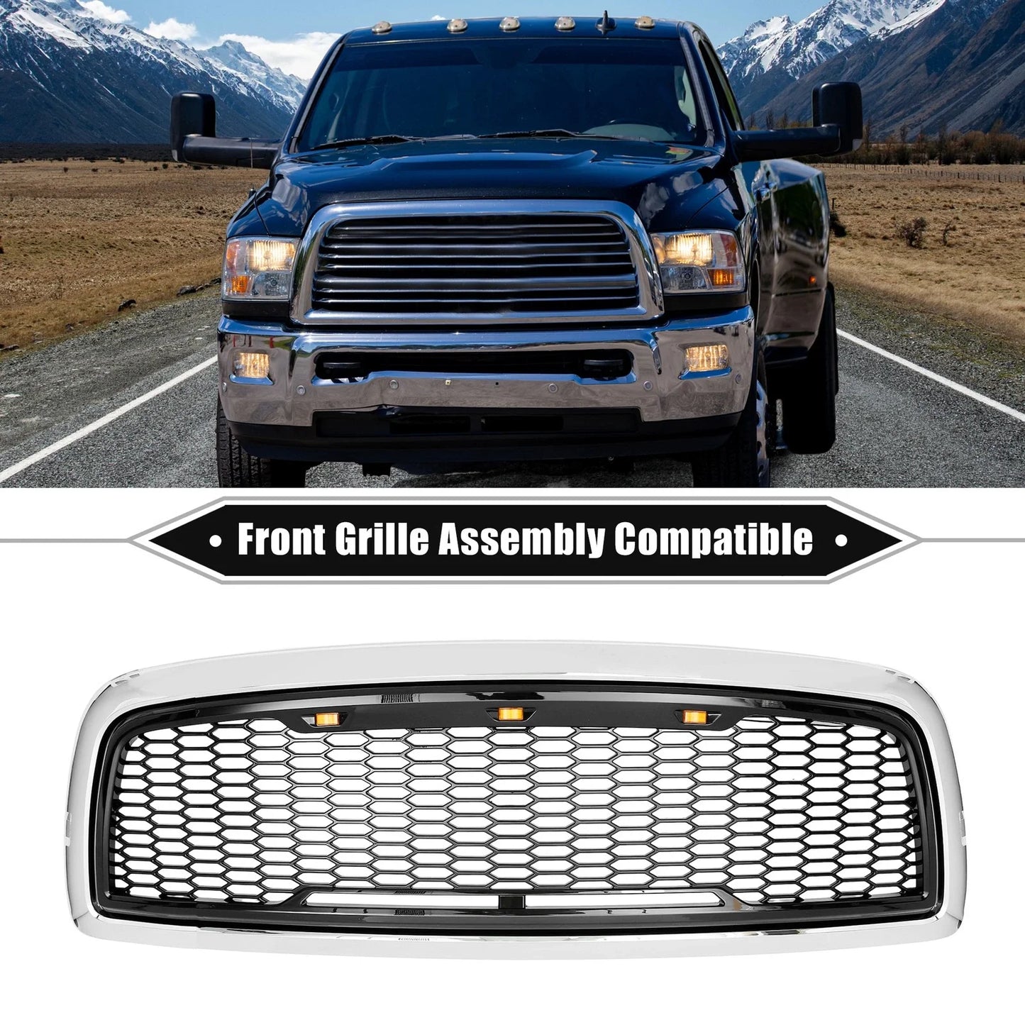 Front Grille Assembly with LED Lights for Dodge (Chrome, Silver, Gloss Black)