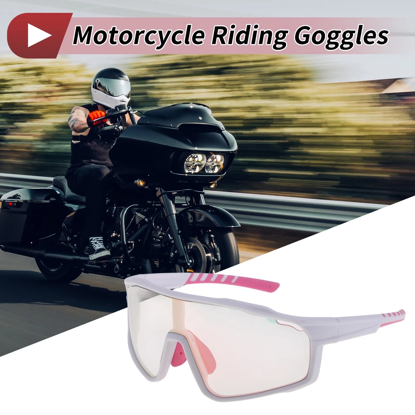 Motorcycle Riding Goggles with Light Pink Lens & White Pink Frame (PC UV400)