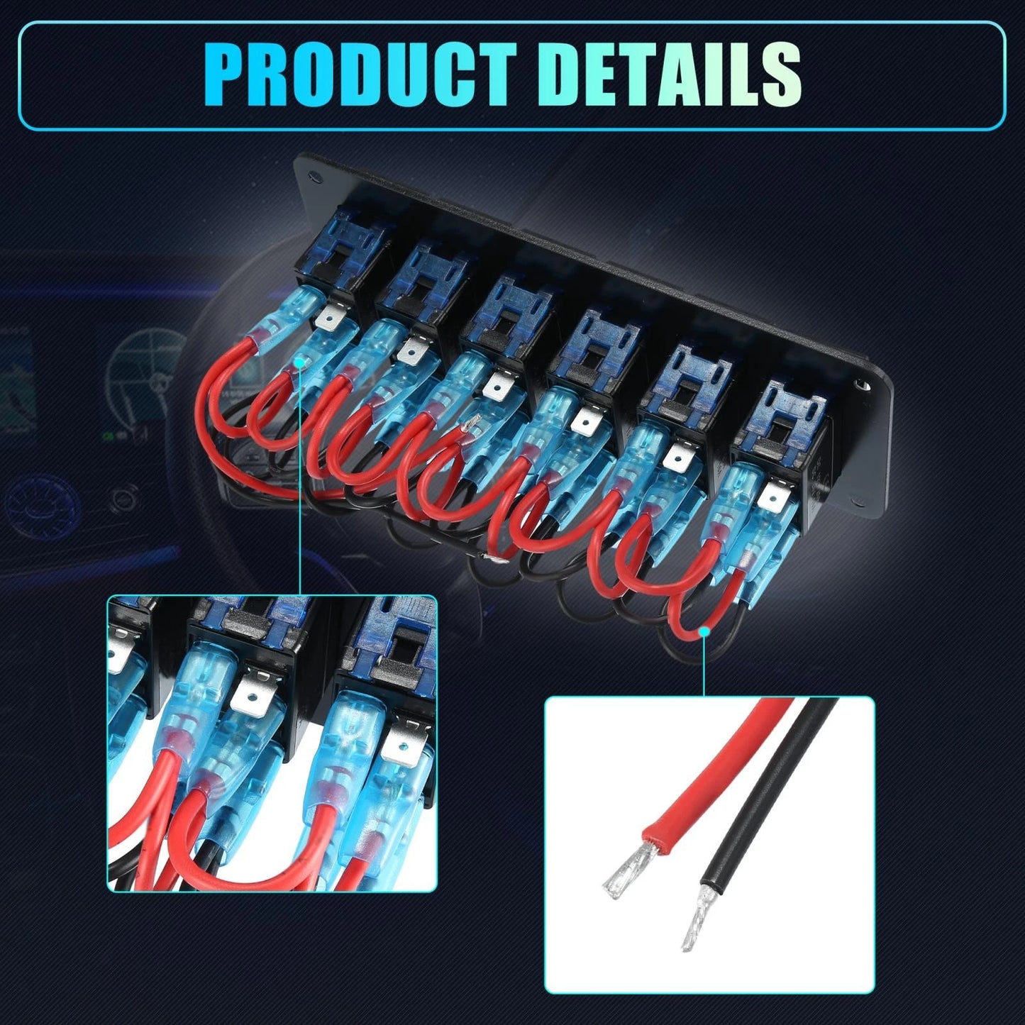 6 Gang 5 Pin Toggle Rocker Switch Panel for Auto Boat (LED, Black)