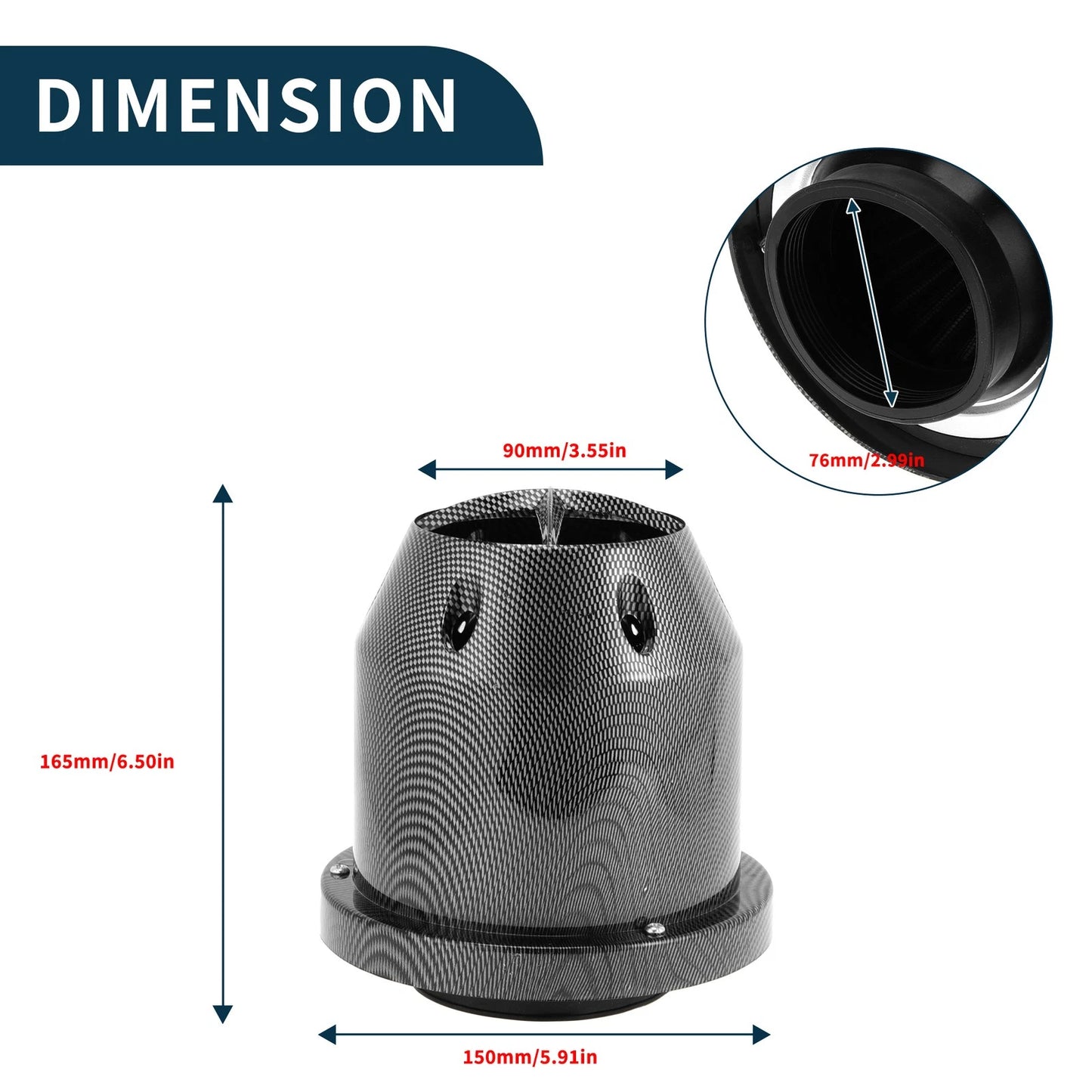 Engine Air Filter 76mm High Flow Carbon Fiber for Car