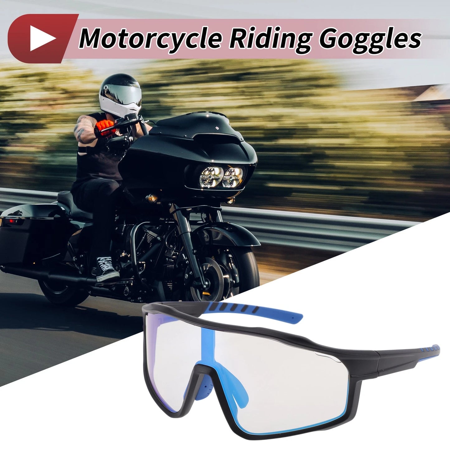 Motorcycle Riding Goggles for Motorcycle (Light Blue Lens, Black Blue Frame)