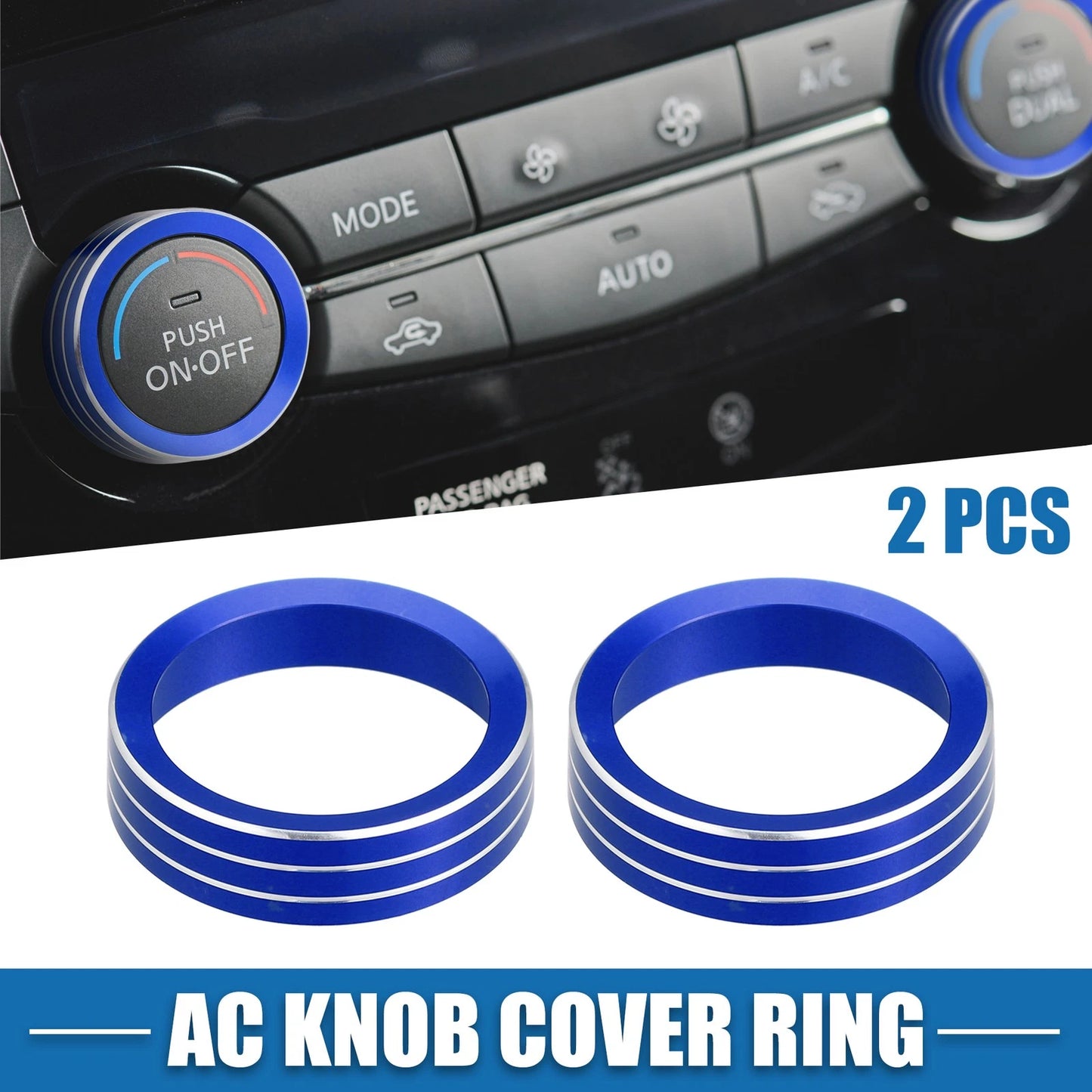 2X AC Knob Ring Covers for Nissan Rogue (2014–2020) Blue