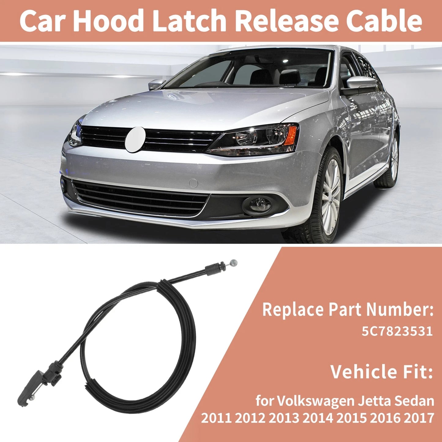Front Hood Latch Release Cable for Volkswagen Jetta Sedan (2011–2017) No. 5C7823531