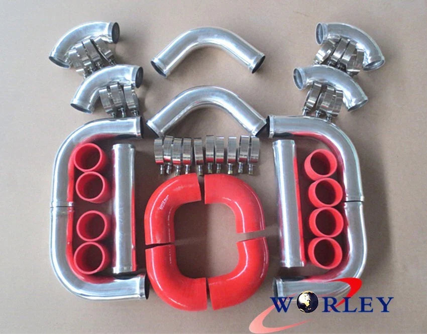 3" Aluminum Universal Intercooler Turbo Piping & RED Hose Kits for Cars