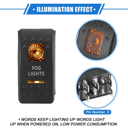 Set of 5 Pin Fog Light Rocker Switch for UTV (20A/12V, 10A/24V) Orange