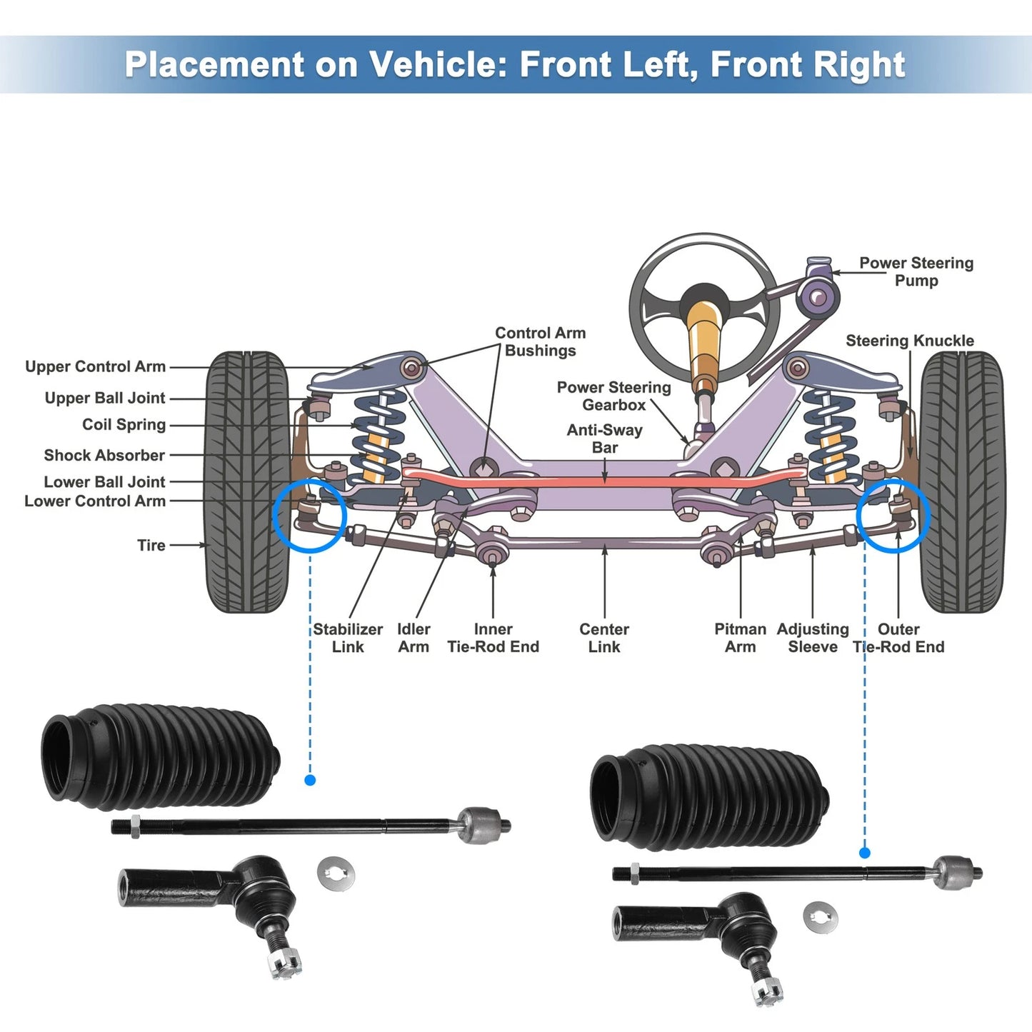 Set of 6 Tie Rod End Links with Boot for Toyota Matrix (2003–2008)