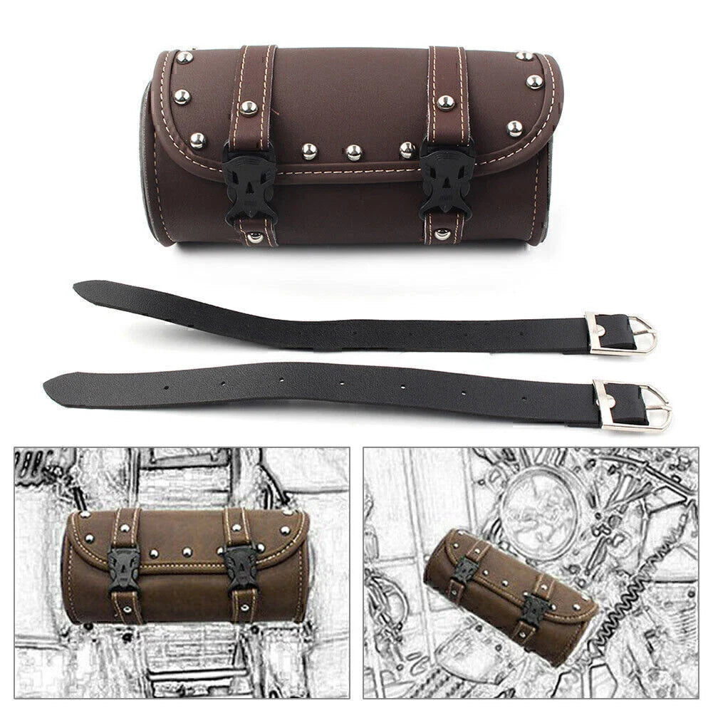 Mini Retro PU Leather Tool Bag for Motorcycle Handlebar Sissy Bar Saddlebag