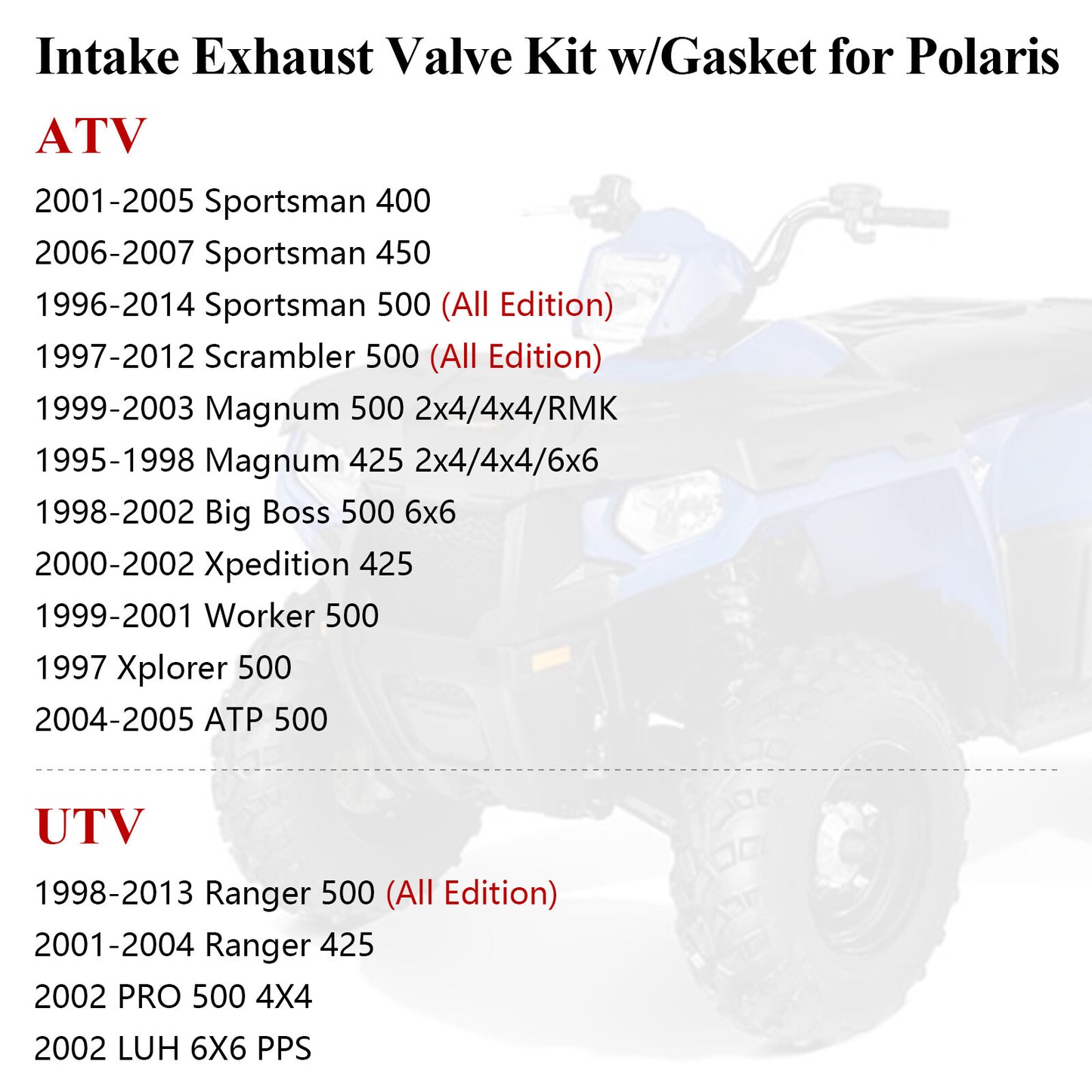 Intake Exhaust Valve Kit with Gasket for Polaris Magnum Xpedition (1995–2005)