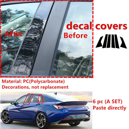 6 Pcs Black Door Window Trim Pillar Posts Cover for Hyundai Elantra (2021–2023)